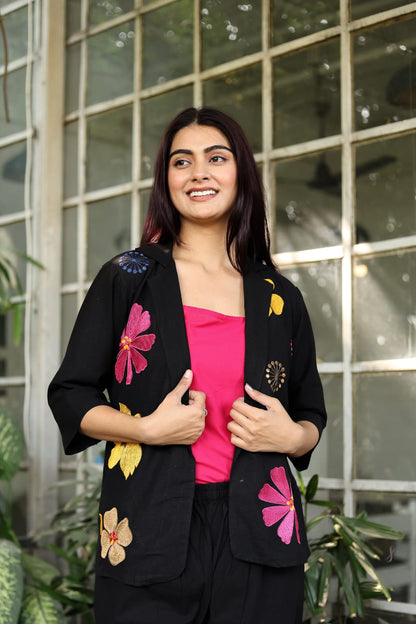Premium Cotton Flex Embroidered Floral Blazer Co-ord Set – 3 Piece