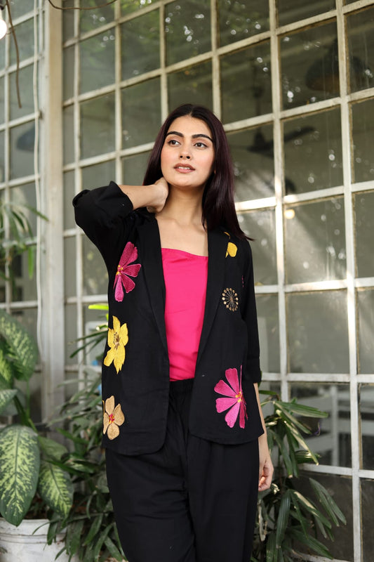 Premium Cotton Flex Embroidered Floral Blazer Co-ord Set – 3 Piece