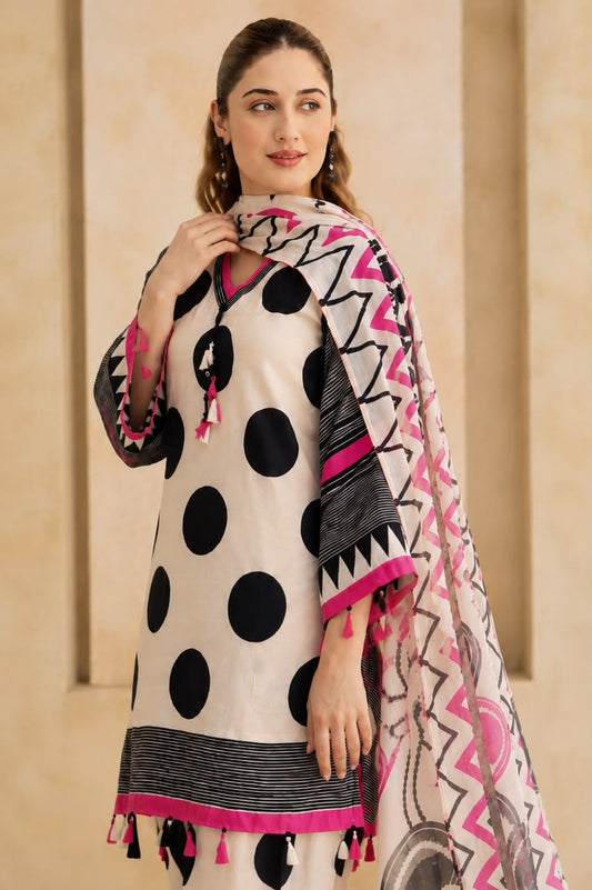 Women’s Cotton 60/60 Printed Kurta Pant Dupatta Set | Front Dori with Heavy Tassel Detailing