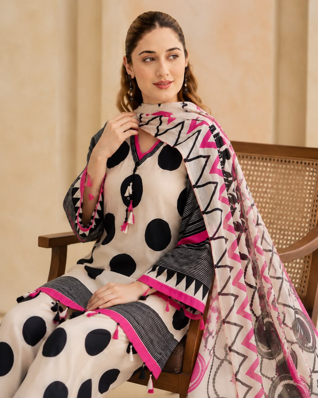 Women’s Cotton 60/60 Printed Kurta Pant Dupatta Set | Front Dori with Heavy Tassel Detailing