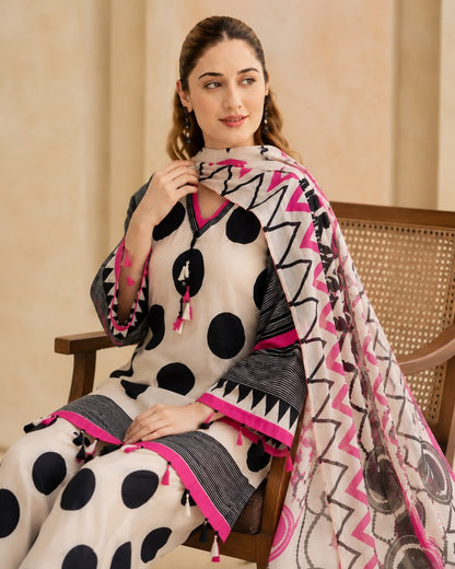 Women’s Cotton 60/60 Printed Kurta Pant Dupatta Set | Front Dori with Heavy Tassel Detailing