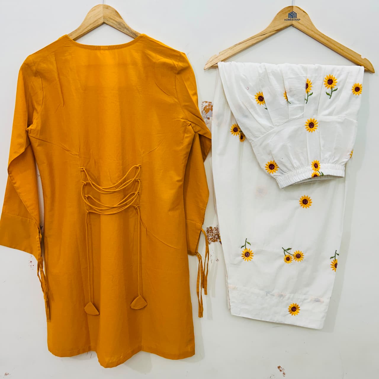 Women’s Mustard Yellow & Off-White Cotton Farshi Salwar Set | Sunflower Embroidered Kurti with Dori Detailing