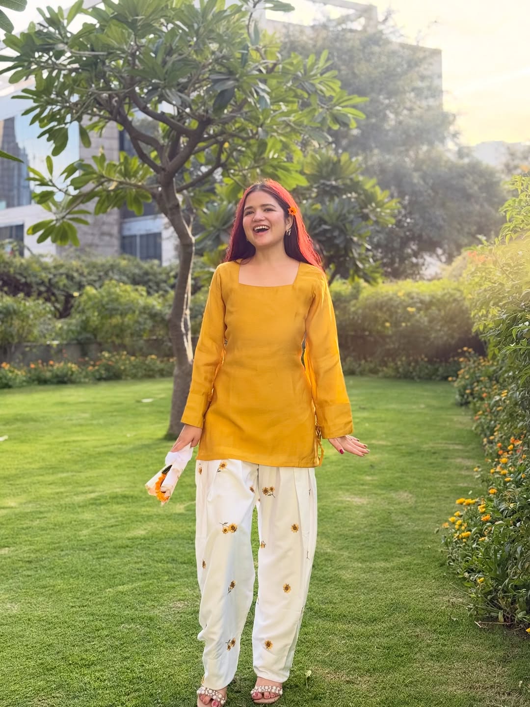 Women’s Mustard Yellow & Off-White Cotton Farshi Salwar Set | Sunflower Embroidered Kurti with Dori Detailing