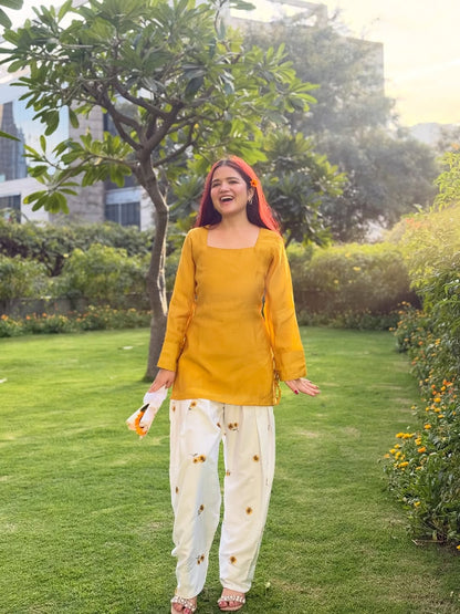 Women’s Mustard Yellow & Off-White Cotton Farshi Salwar Set | Sunflower Embroidered Kurti with Dori Detailing