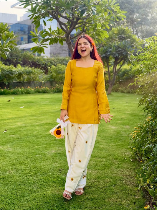 Women’s Mustard Yellow & Off-White Cotton Farshi Salwar Set | Sunflower Embroidered Kurti with Dori Detailing