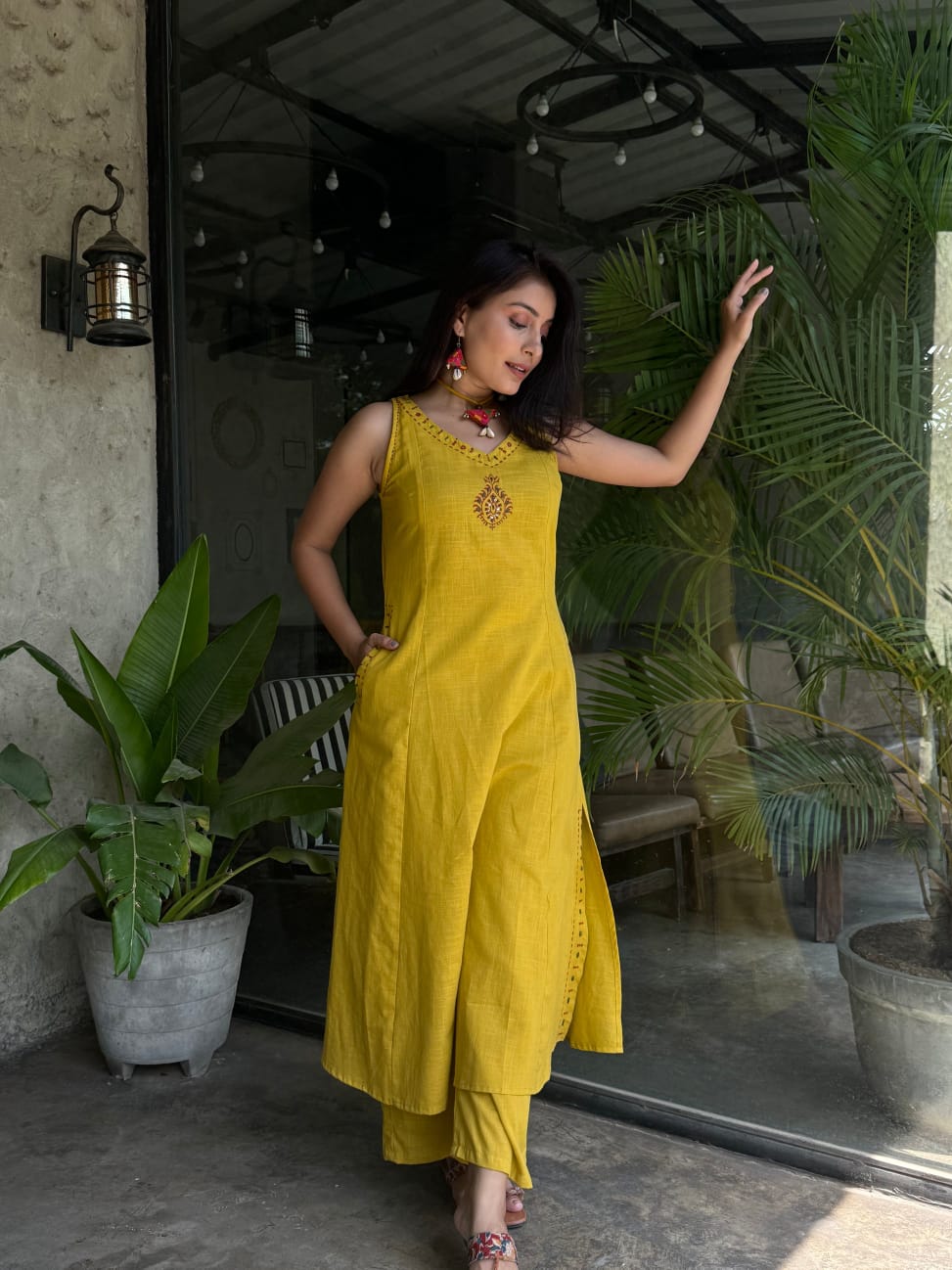 Women’s Premium Cotton Slub Embroidered Co-ord Set | Floral Yoke & Border Work with Pockets