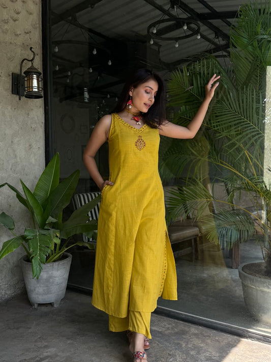 Women’s Premium Cotton Slub Embroidered Co-ord Set | Floral Yoke & Border Work with Pockets
