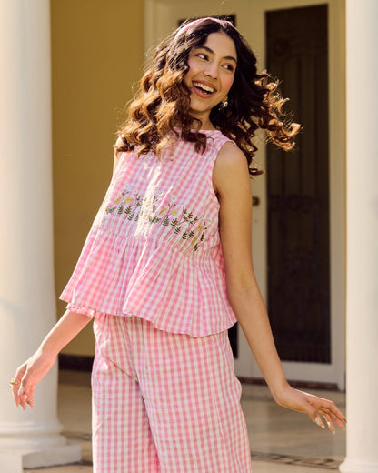 Women’s Premium Cotton 60/60 Embroidered Co-ord Set | Kurti with Attached Sleeves & Pocket Palazzo | 2-Piece Set
