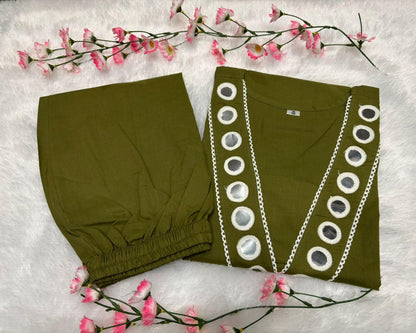 Women’s Cotton Mirror Embroidered Kurta Pant Set | Elegant Lace Work Office & Daily Wear