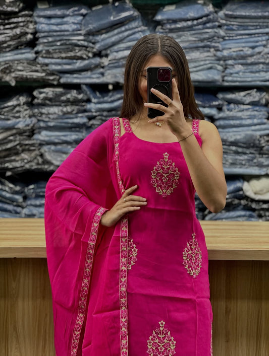 Women’s Hot Pink & Rust Cotton Farshi Salwar Dupatta Set | Floral Embroidered Kurti with Mul Cotton Dupatta | 3-Piece Suit