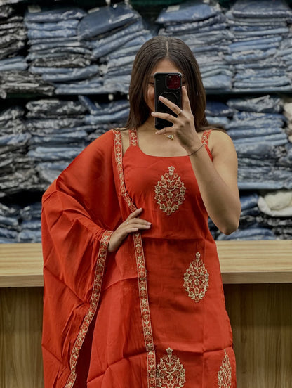 Women’s Rust Embroidered Farshi Salwar Dupatta Set | Premium Cotton 3-Piece Ethnic Suit