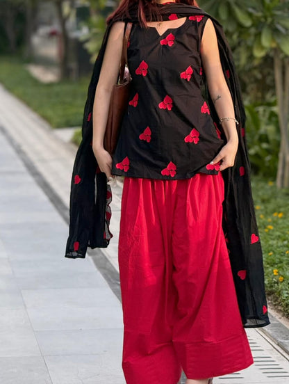 Women’s Black & Red Mul Cotton Farshi Salwar Dupatta Set | Heart Embroidery Kurti with Cutwork Dupatta | 3-Piece Suit