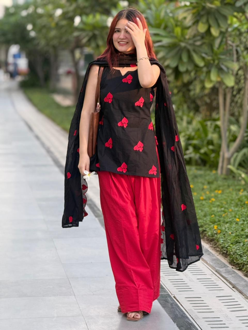 Women’s Black & Red Mul Cotton Farshi Salwar Dupatta Set | Heart Embroidery Kurti with Cutwork Dupatta | 3-Piece Suit
