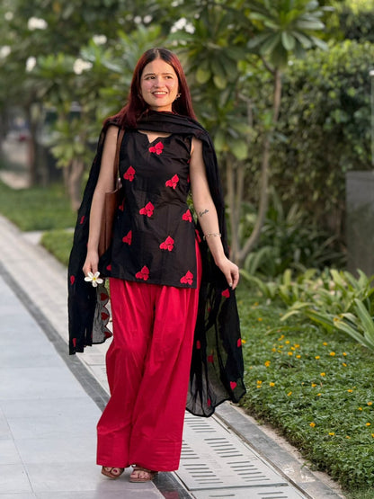 Women’s Black & Red Mul Cotton Farshi Salwar Dupatta Set | Heart Embroidery Kurti with Cutwork Dupatta | 3-Piece Suit