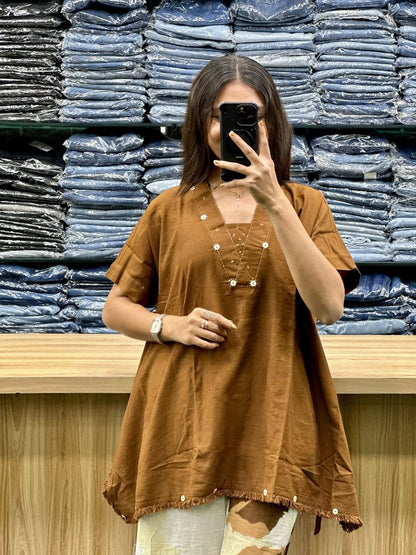 Women’s Premium Cotton Loose Fit Co-ord Set with Handwork Yoke | Stylish 2-Piece Kurti & Plazo Set