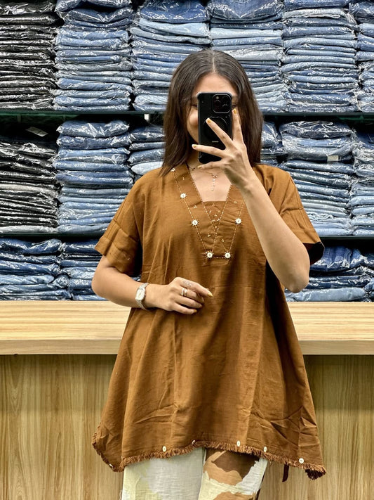 Women’s Premium Cotton Loose Fit Co-ord Set with Handwork Yoke | Stylish 2-Piece Kurti & Plazo Set