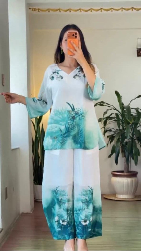 Festival Special Mul Cotton Printed Kurta Palazzo Co-ord Set – Floral Yoke Design