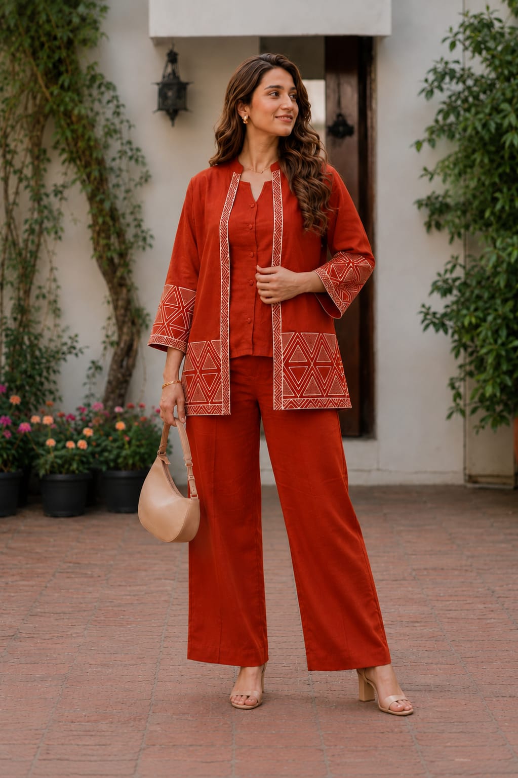 Premium Cotton Flex Embroidered Jacket Style Top with Inner & Straight Trouser – 3 Piece Co-ord Set
