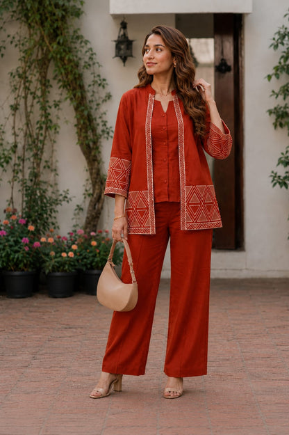 Premium Cotton Flex Embroidered Jacket Style Top with Inner & Straight Trouser – 3 Piece Co-ord Set