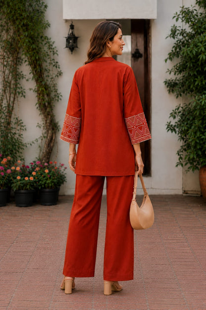Premium Cotton Flex Embroidered Jacket Style Top with Inner & Straight Trouser – 3 Piece Co-ord Set
