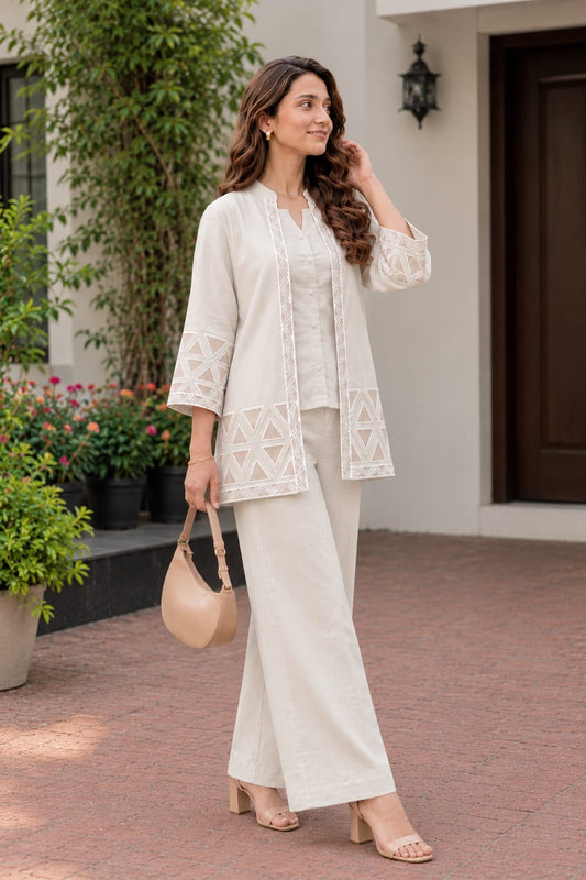 Premium Cotton Flex Embroidered Jacket Style Top with Inner & Straight Trouser – 3 Piece Co-ord Set