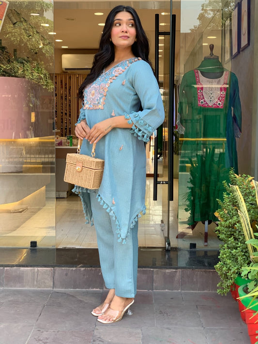 Women’s Premium Cotton Flex Embroidered Co-ord Set | 3/4 Sleeve Summer 2-Piece Set