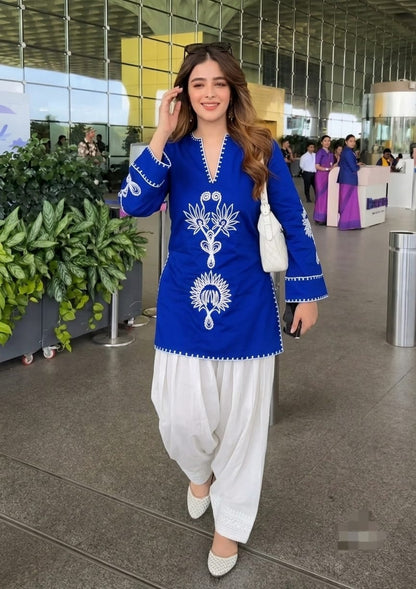 Women’s Royal Blue Pure Cotton Corset Kurta with Off-White Farshi Salwar | Heavy Hand Embroidery 2-Piece Set