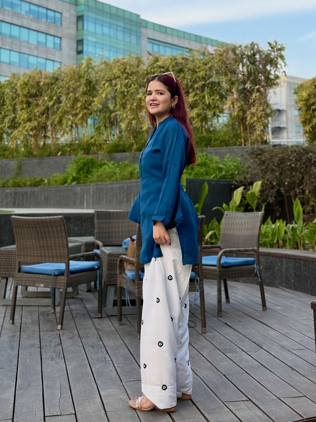 Women’s Teal Blue & Off-White Cotton Farshi Salwar Set | Evil Eye Embroidered Kurti with Dori Detailing