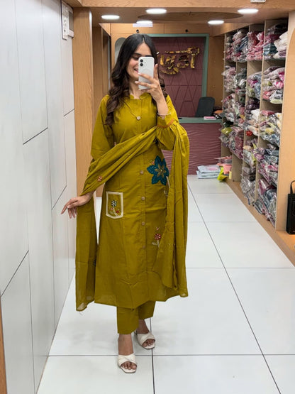 Women’s Premium Cotton Flex Embroidered Kurti Pant Dupatta Set | Elegant Summer Ethnic Wear