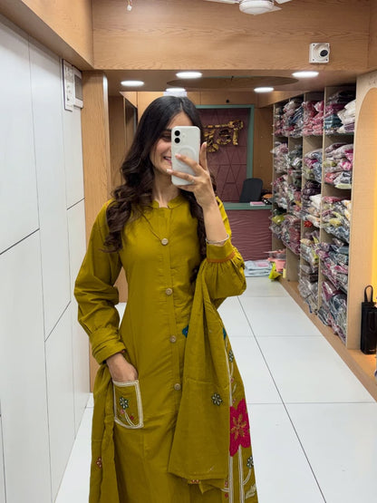 Women’s Premium Cotton Flex Embroidered Kurti Pant Dupatta Set | Elegant Summer Ethnic Wear