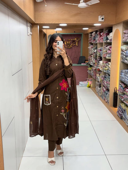 Women’s Premium Cotton Flex Embroidered Kurti Pant Dupatta Set | Elegant Summer Ethnic Wear