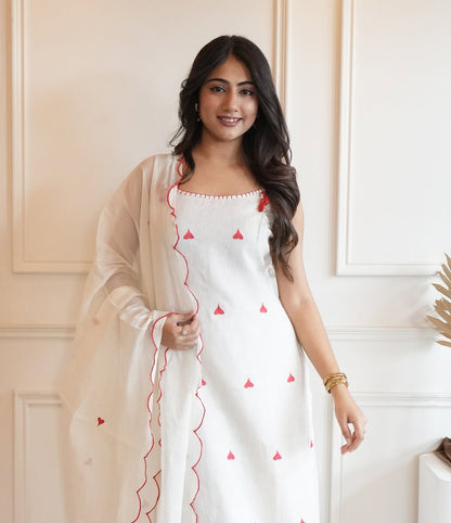 Women’s Premium Cotton Flex Embroidered Kurti Pant Dupatta Set | Elegant Summer Ethnic Wear