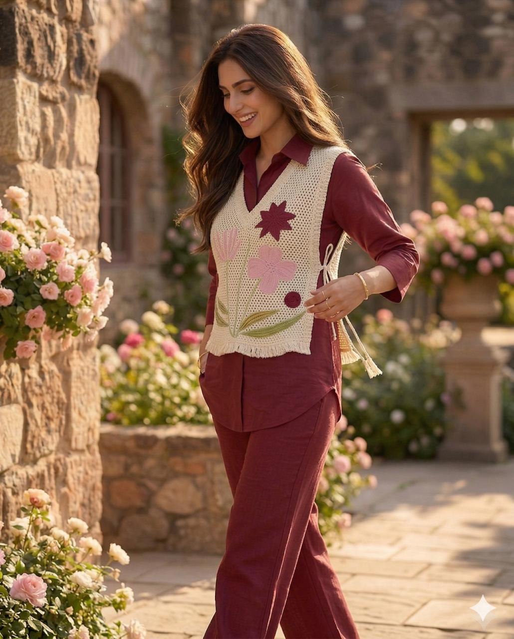 Women’s Premium Cotton 60/60 Jacket Co-ord Set | Embroidered Jute-Style Jacket with Shirt & Pant