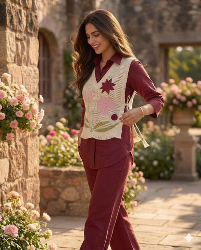 Women’s Premium Cotton 60/60 Jacket Co-ord Set | Embroidered Jute-Style Jacket with Shirt & Pant