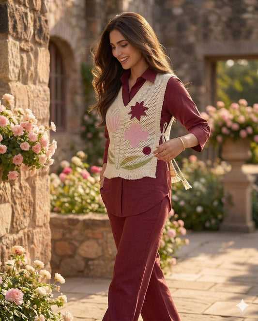 Women’s Premium Cotton 60/60 Jacket Co-ord Set | Embroidered Jute-Style Jacket with Shirt & Pant