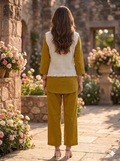 Women’s Premium Cotton 60/60 Jacket Co-ord Set | Embroidered Jute-Style Jacket with Shirt & Pant