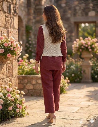 Women’s Premium Cotton 60/60 Jacket Co-ord Set | Embroidered Jute-Style Jacket with Shirt & Pant