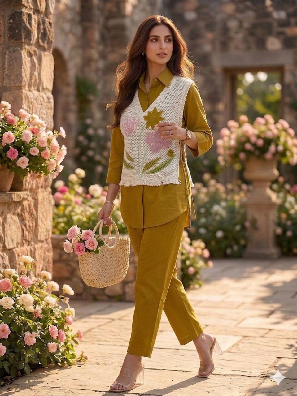 Women’s Premium Cotton 60/60 Jacket Co-ord Set | Embroidered Jute-Style Jacket with Shirt & Pant