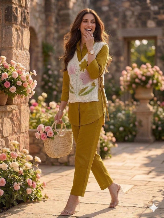 Women’s Premium Cotton 60/60 Jacket Co-ord Set | Embroidered Jute-Style Jacket with Shirt & Pant