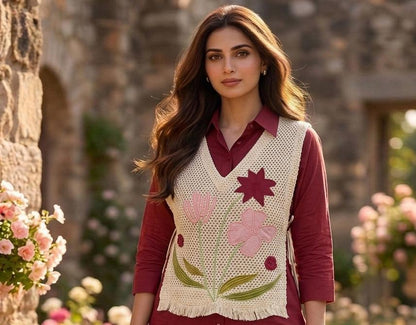 Women’s Premium Cotton 60/60 Jacket Co-ord Set | Embroidered Jute-Style Jacket with Shirt & Pant